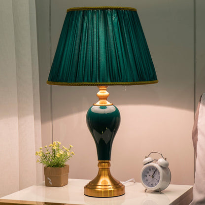 Traditional Chinese Fabric Round Shade Ceramic Vase Base 1-Light Table Lamp For Bedroom