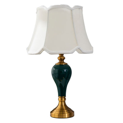Traditional Chinese Fabric Round Shade Ceramic Vase Base 1-Light Table Lamp For Bedroom