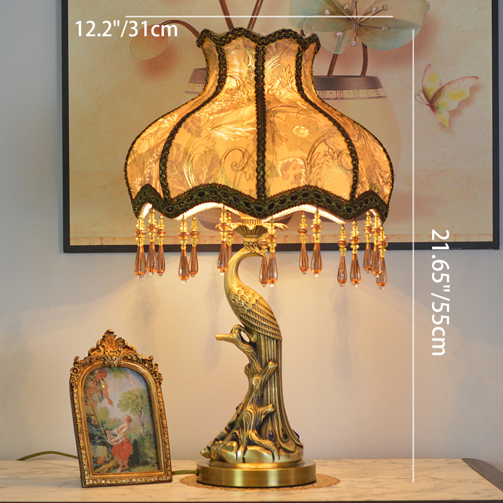 Traditional European Fabric Tassel Shade Antique Brass Peacock Base 1-Light Table Lamp For Bedroom