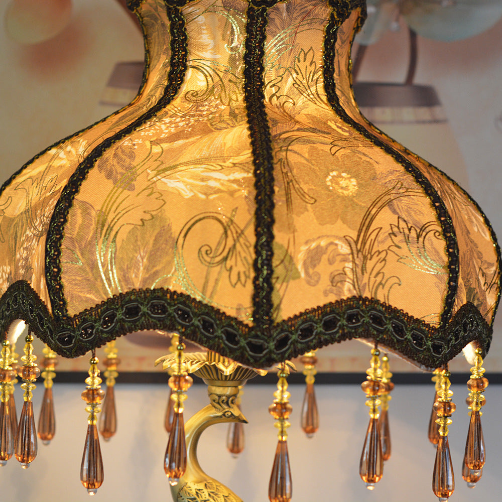 Traditional European Fabric Tassel Shade Antique Brass Peacock Base 1-Light Table Lamp For Bedroom