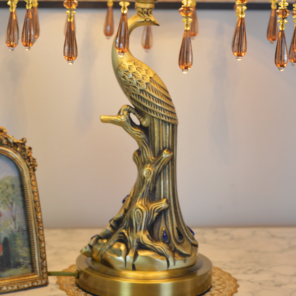 Traditional European Fabric Tassel Shade Antique Brass Peacock Base 1-Light Table Lamp For Bedroom