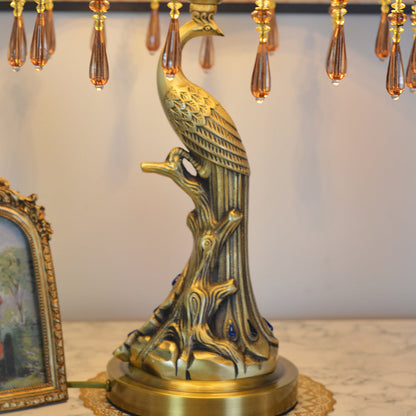 Traditional European Fabric Tassel Shade Antique Brass Peacock Base 1-Light Table Lamp For Bedroom