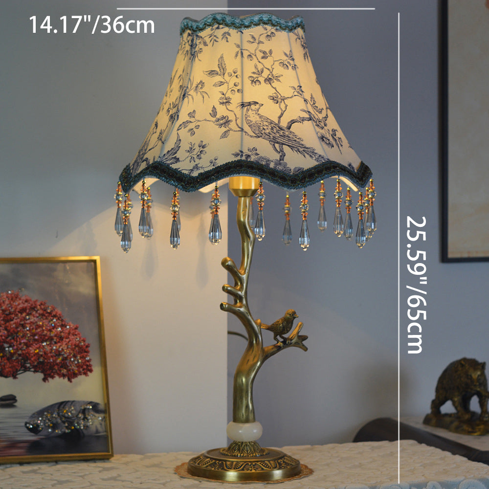 Traditional European Fabric Tassel Shade Antique Brass Peacock Base 1-Light Table Lamp For Bedroom