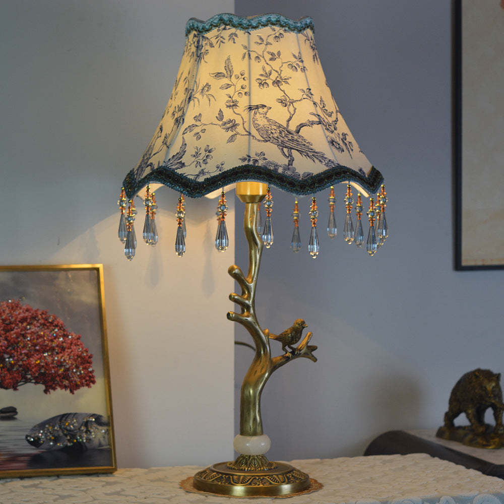 Traditional European Fabric Tassel Shade Antique Brass Peacock Base 1-Light Table Lamp For Bedroom