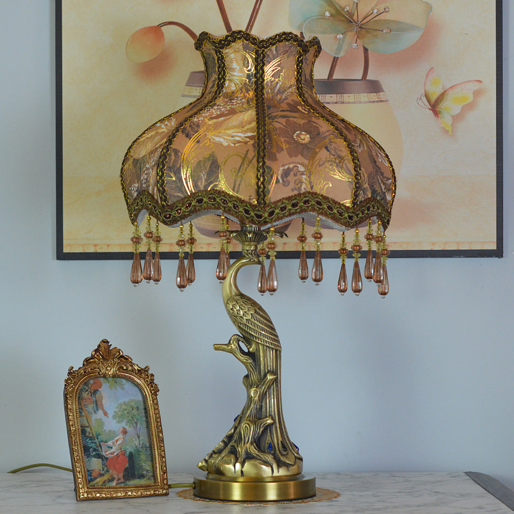 Traditional European Fabric Tassel Shade Antique Brass Peacock Base 1-Light Table Lamp For Bedroom