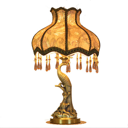 Traditional European Fabric Tassel Shade Antique Brass Peacock Base 1-Light Table Lamp For Bedroom