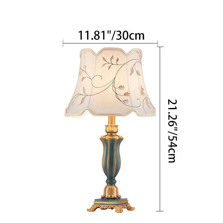 Traditional European Fabric Embroidery Round Shade Resin Carving Base 1-Light Table Lamp For Bedroom