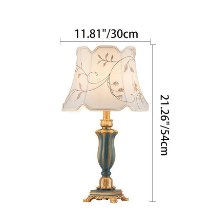 Traditional European Fabric Embroidery Round Shade Resin Carving Base 1-Light Table Lamp For Bedroom