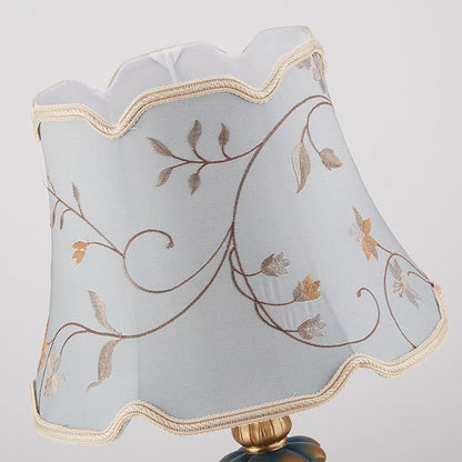 Traditional European Fabric Embroidery Round Shade Resin Carving Base 1-Light Table Lamp For Bedroom