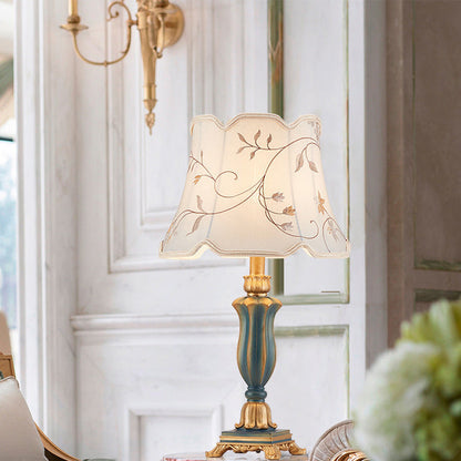 Traditional European Fabric Embroidery Round Shade Resin Carving Base 1-Light Table Lamp For Bedroom