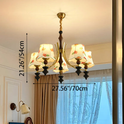 Traditional French Wood Iron Arc Frame Maple Leaves Fabric Shade 3/5-Light Chandelier For Living Room