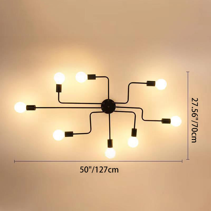 Traditional Rustic Glass Iron Frame Maze 4/6/8-Light Semi-Flush Mount Ceiling Light For Living Room