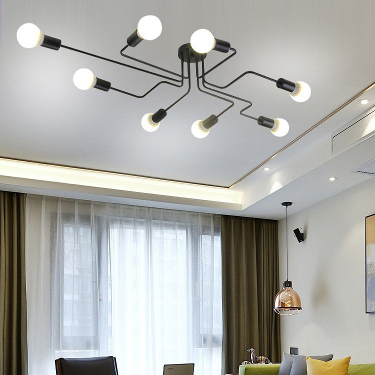 Traditional Rustic Glass Iron Frame Maze 4/6/8-Light Semi-Flush Mount Ceiling Light For Living Room