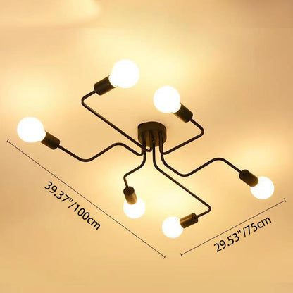 Traditional Rustic Glass Iron Frame Maze 4/6/8-Light Semi-Flush Mount Ceiling Light For Living Room