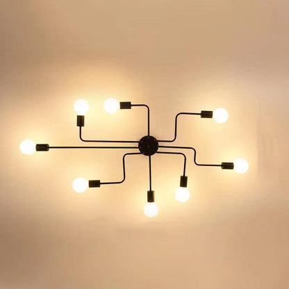 Traditional Rustic Glass Iron Frame Maze 4/6/8-Light Semi-Flush Mount Ceiling Light For Living Room