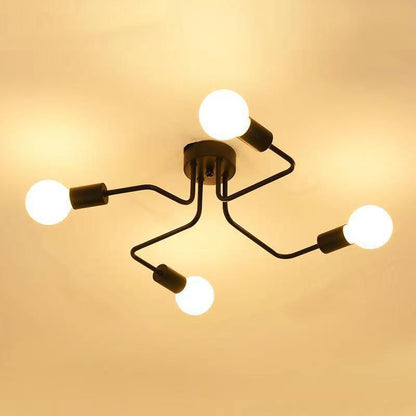 Traditional Rustic Glass Iron Frame Maze 4/6/8-Light Semi-Flush Mount Ceiling Light For Living Room