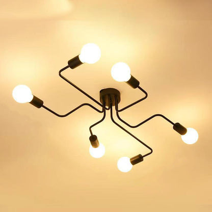 Traditional Rustic Glass Iron Frame Maze 4/6/8-Light Semi-Flush Mount Ceiling Light For Living Room