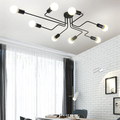 Traditional Rustic Glass Iron Frame Maze 4/6/8-Light Semi-Flush Mount Ceiling Light For Living Room
