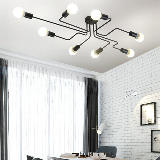 Traditional Rustic Glass Iron Frame Maze 4/6/8-Light Semi-Flush Mount Ceiling Light For Living Room