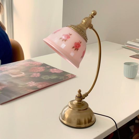 Traditional French Antique Brass Printed Glass Round Shade 1-Light Table Lamp For Home Office