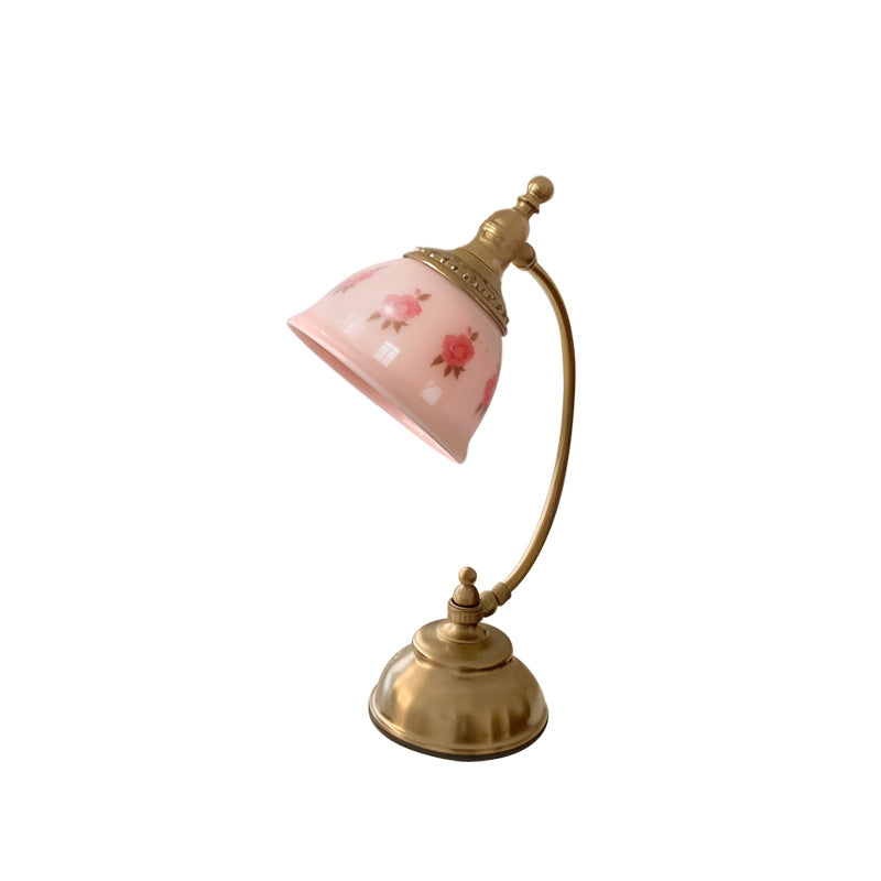 Traditional French Antique Brass Printed Glass Round Shade 1-Light Table Lamp For Home Office