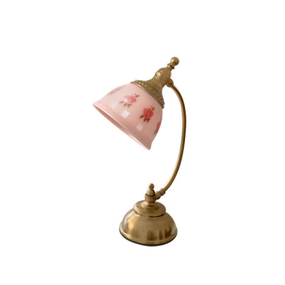 Traditional French Antique Brass Printed Glass Round Shade 1-Light Table Lamp For Home Office