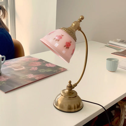 Traditional French Antique Brass Printed Glass Round Shade 1-Light Table Lamp For Home Office