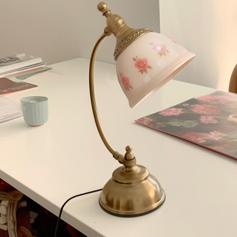 Traditional French Antique Brass Printed Glass Round Shade 1-Light Table Lamp For Home Office