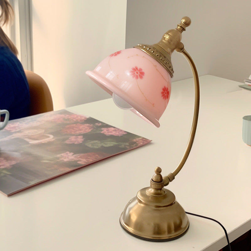 Traditional French Antique Brass Printed Glass Round Shade 1-Light Table Lamp For Home Office