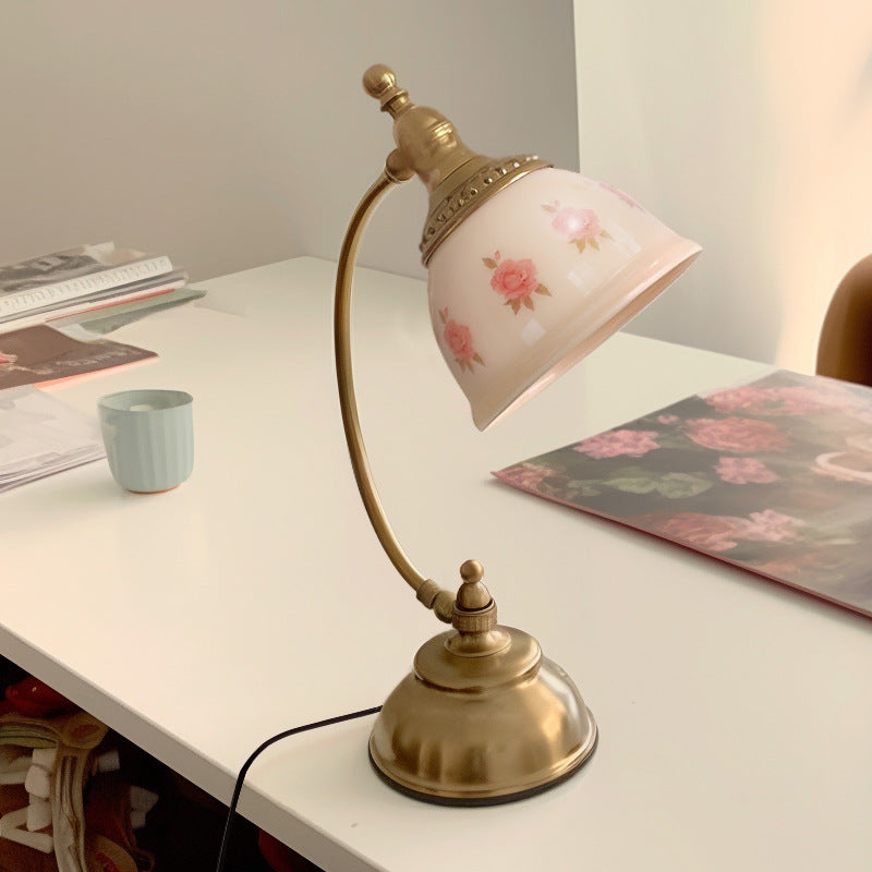 Traditional French Antique Brass Printed Glass Round Shade 1-Light Table Lamp For Home Office