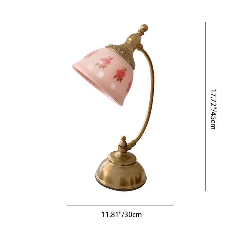 Traditional French Antique Brass Printed Glass Round Shade 1-Light Table Lamp For Home Office