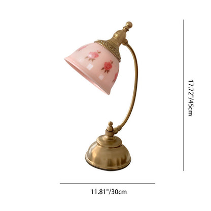 Traditional French Antique Brass Printed Glass Round Shade 1-Light Table Lamp For Home Office