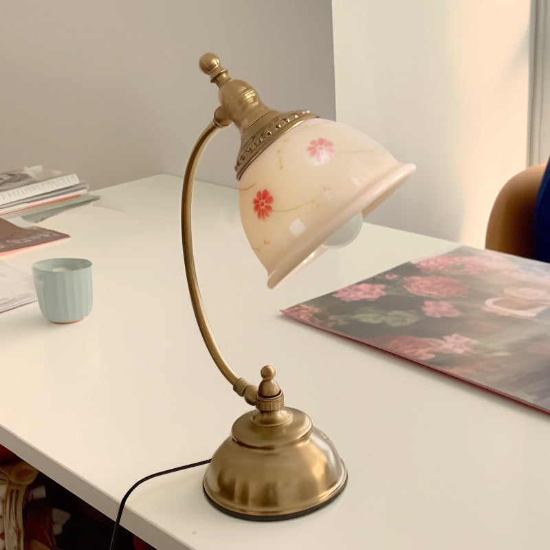 Traditional French Antique Brass Printed Glass Round Shade 1-Light Table Lamp For Home Office
