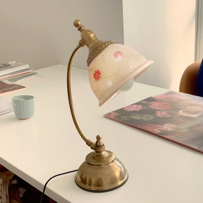 Traditional French Antique Brass Printed Glass Round Shade 1-Light Table Lamp For Home Office