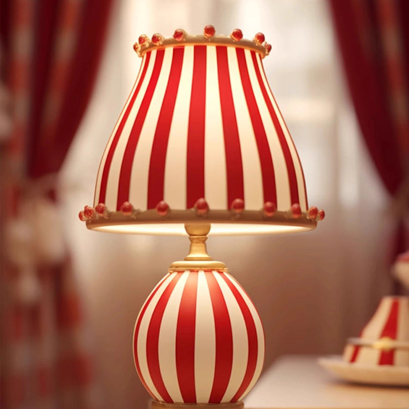 Contemporary Creative Circus Red & White Striped Glass Round Shade Resin Base 1-Light Table Lamp For Bedroom