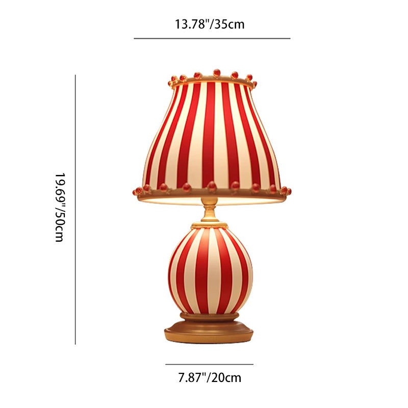Contemporary Creative Circus Red & White Striped Glass Round Shade Resin Base 1-Light Table Lamp For Bedroom