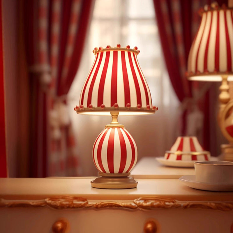 Contemporary Creative Circus Red & White Striped Glass Round Shade Resin Base 1-Light Table Lamp For Bedroom