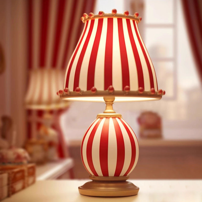 Contemporary Creative Circus Red & White Striped Glass Round Shade Resin Base 1-Light Table Lamp For Bedroom