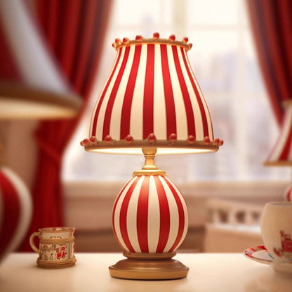 Contemporary Creative Circus Red & White Striped Glass Round Shade Resin Base 1-Light Table Lamp For Bedroom