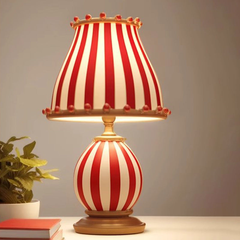 Contemporary Creative Circus Red & White Striped Glass Round Shade Resin Base 1-Light Table Lamp For Bedroom