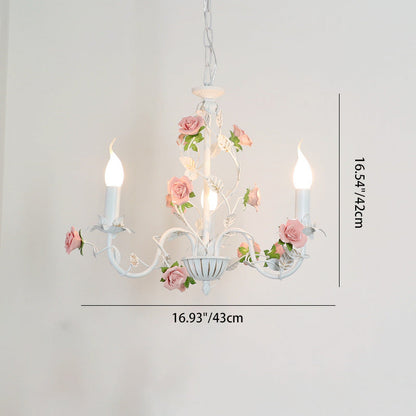 Traditional French Romantic Ceramic Flowers Plants Decor Iron Frame 3/6/8-Light Chandelier For Living Room