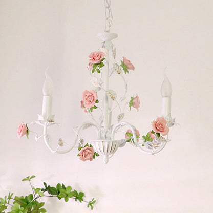 Traditional French Romantic Ceramic Flowers Plants Decor Iron Frame 3/6/8-Light Chandelier For Living Room