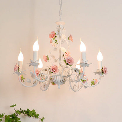 Traditional French Romantic Ceramic Flowers Plants Decor Iron Frame 3/6/8-Light Chandelier For Living Room
