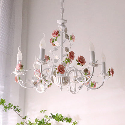 Traditional French Romantic Ceramic Flowers Plants Decor Iron Frame 3/6/8-Light Chandelier For Living Room