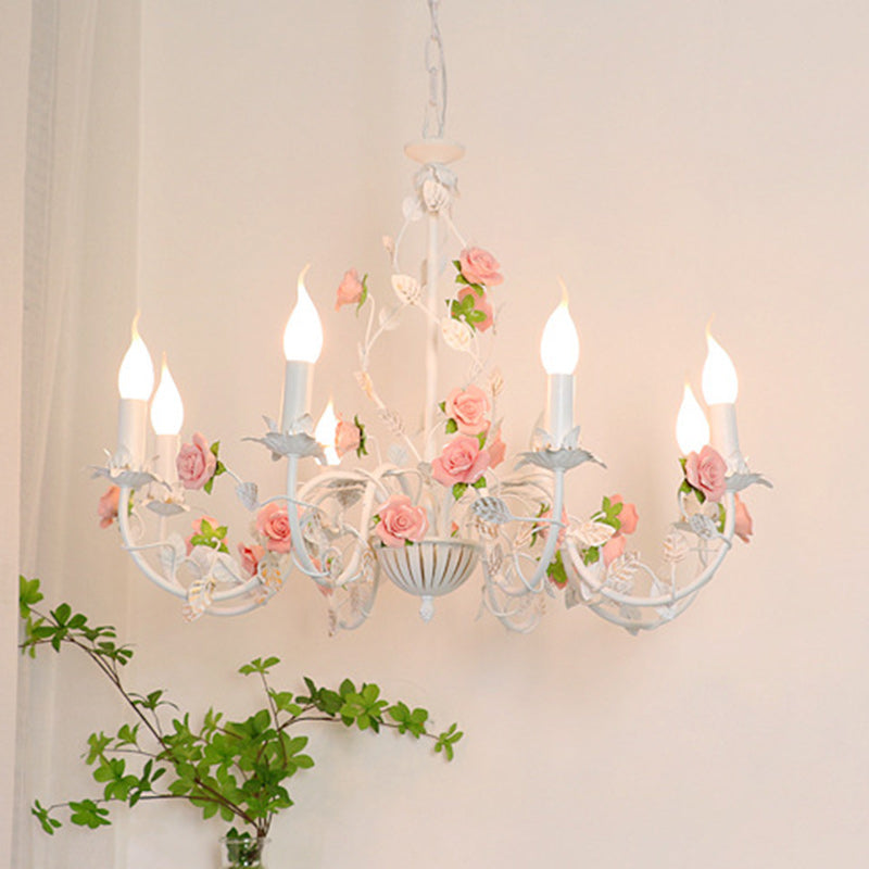Traditional French Romantic Ceramic Flowers Plants Decor Iron Frame 3/6/8-Light Chandelier For Living Room
