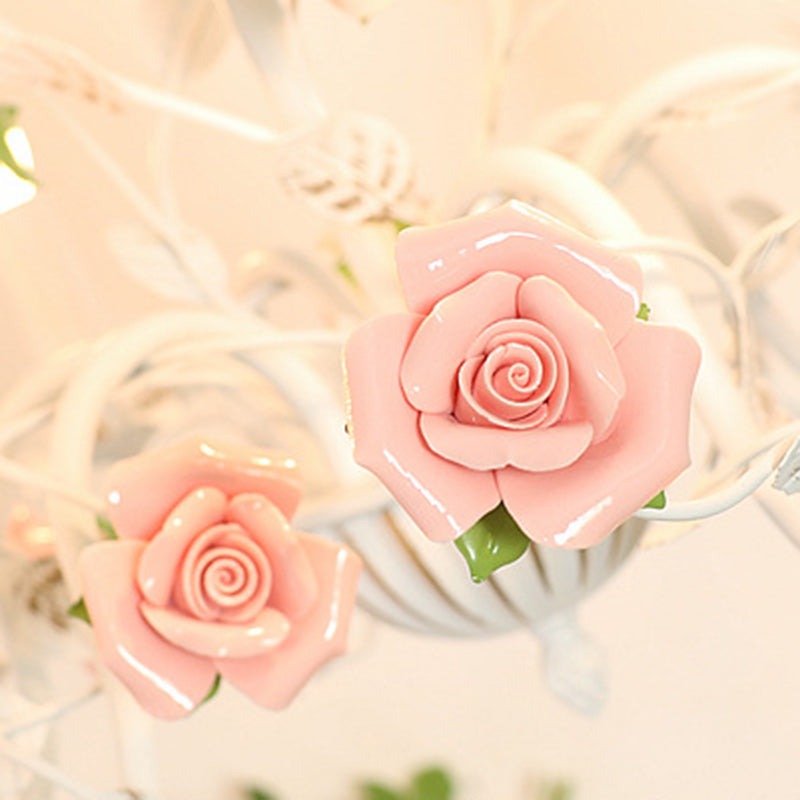 Traditional French Romantic Ceramic Flowers Plants Decor Iron Frame 3/6/8-Light Chandelier For Living Room