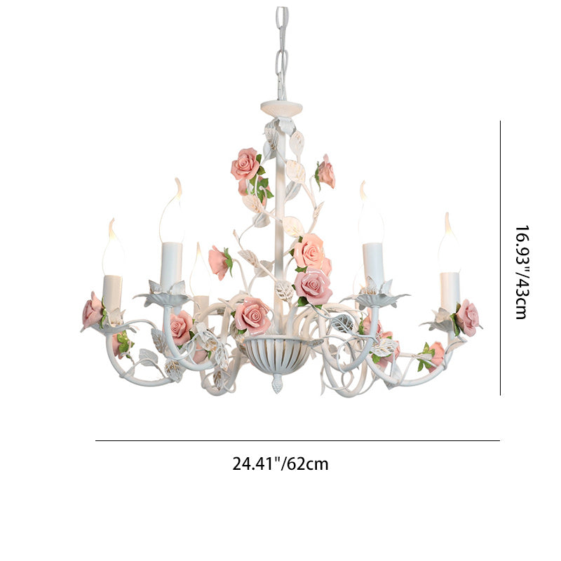 Traditional French Romantic Ceramic Flowers Plants Decor Iron Frame 3/6/8-Light Chandelier For Living Room