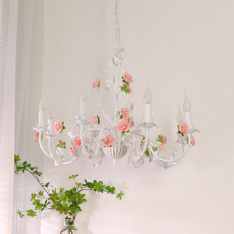 Traditional French Romantic Ceramic Flowers Plants Decor Iron Frame 3/6/8-Light Chandelier For Living Room