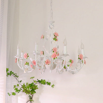 Traditional French Romantic Ceramic Flowers Plants Decor Iron Frame 3/6/8-Light Chandelier For Living Room