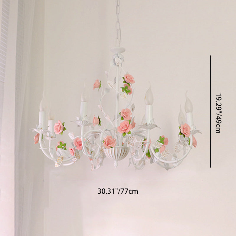 Traditional French Romantic Ceramic Flowers Plants Decor Iron Frame 3/6/8-Light Chandelier For Living Room